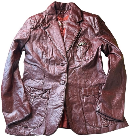Etienne Aigner Vintage Leather Blazer with Gold Tone Designer Logo Pocket - Picture 1 of 13
